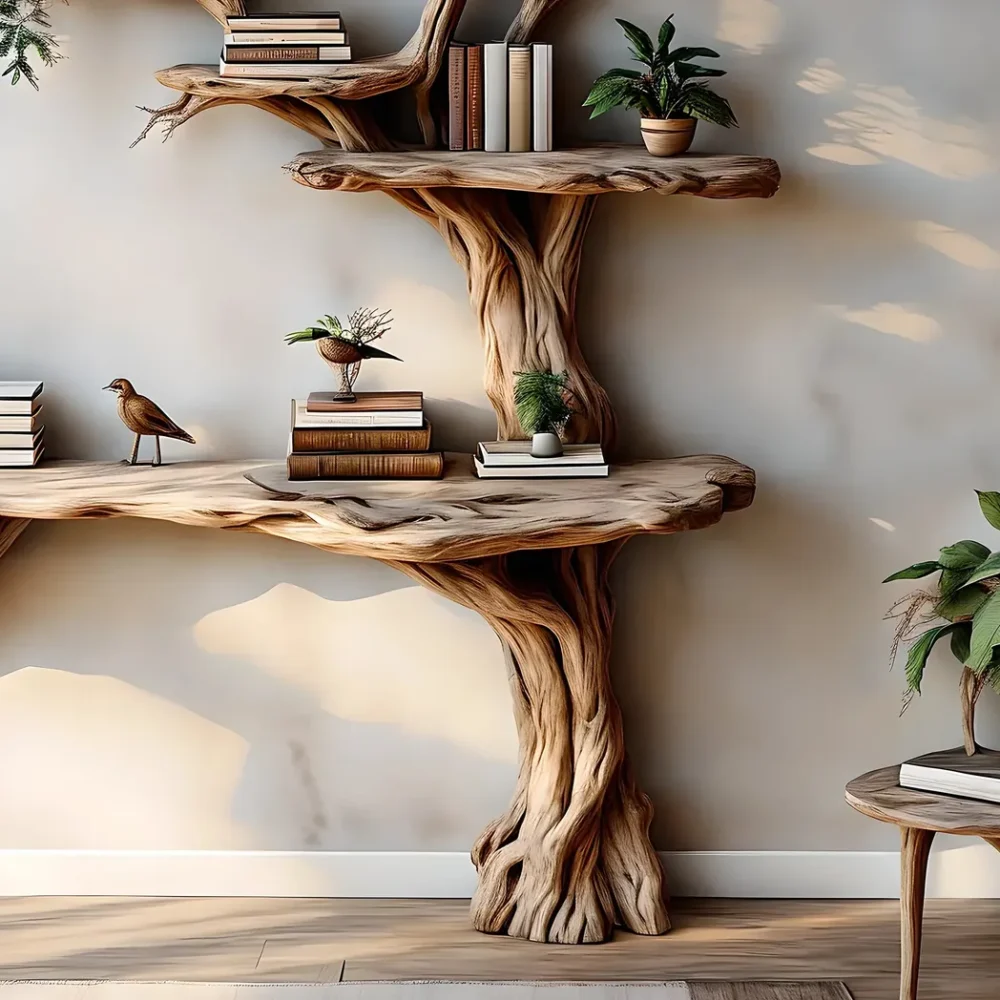 Narrow table with twig bookshelf, Entrance living edge table, Farm table rustic handmade console table natural wood - Image 5