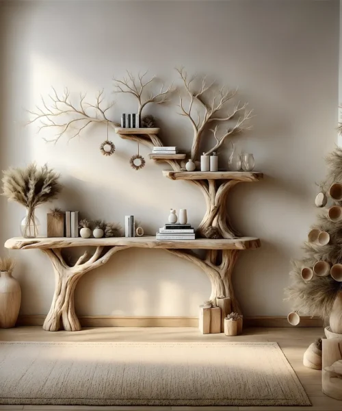 Narrow table with twig bookshelf, Entrance living edge table, Farm table rustic handmade console table natural wood