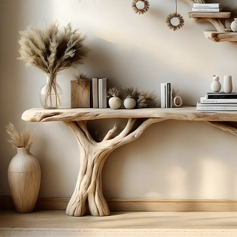 Narrow table with twig bookshelf, Entrance living edge table, Farm table rustic handmade console table natural wood - Image 4