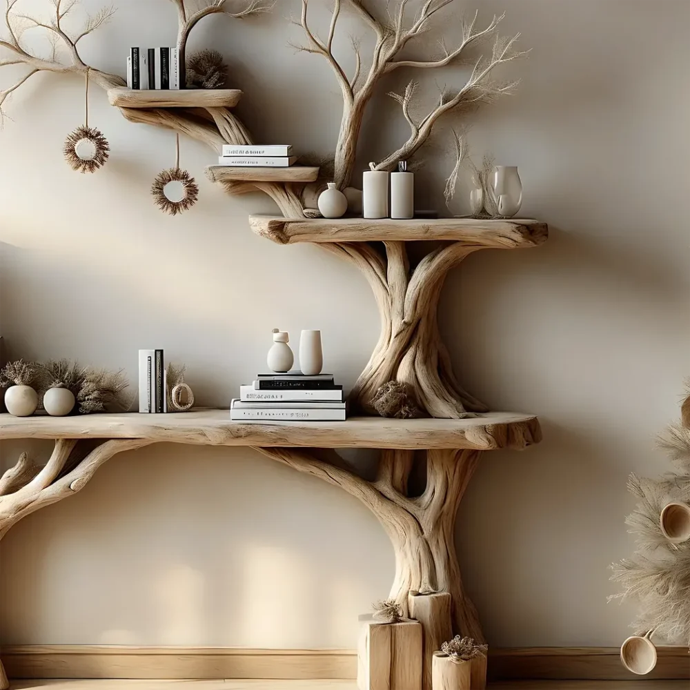 Narrow table with twig bookshelf, Entrance living edge table, Farm table rustic handmade console table natural wood - Image 5