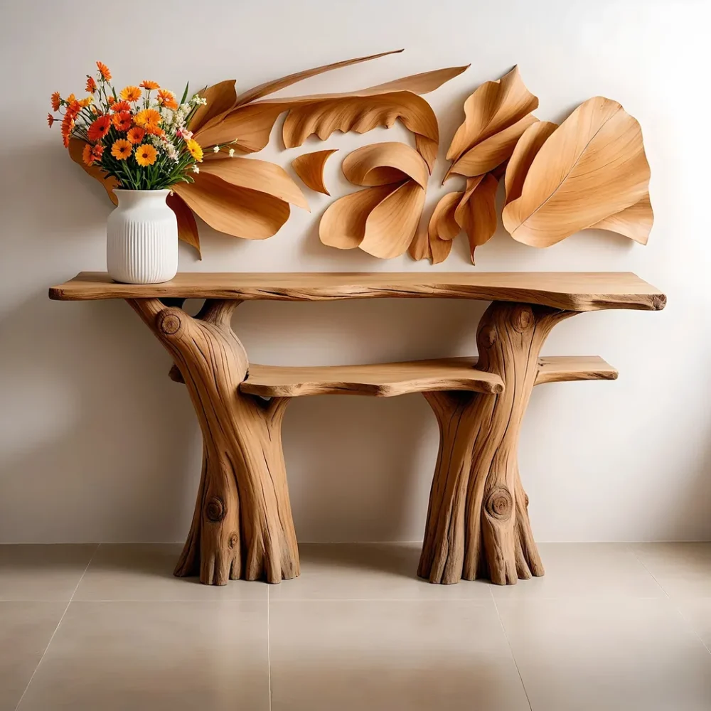 Solid wood console table, narrow table with bookshelf, decorative table.
